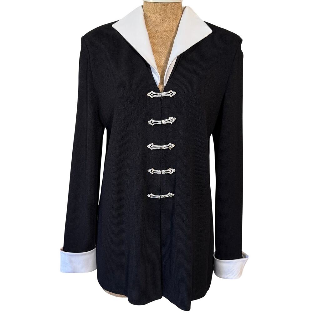 St. John Collection Santana Knit Black Sz 10 Rhinestone Buckle Zip Front Blazer